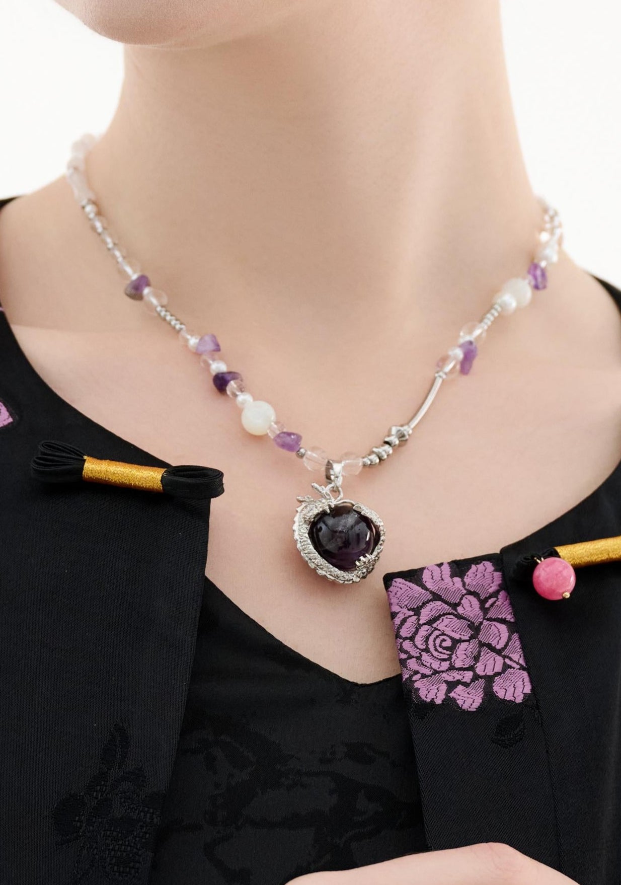 Dragon Collection - Amethyst Moon Silver Feather Necklace - ORIENTAL BOUTIQUE