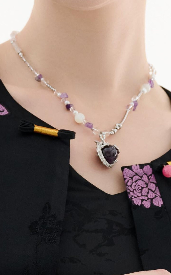 Dragon Collection - Amethyst Moon Silver Feather Necklace - ORIENTAL BOUTIQUE