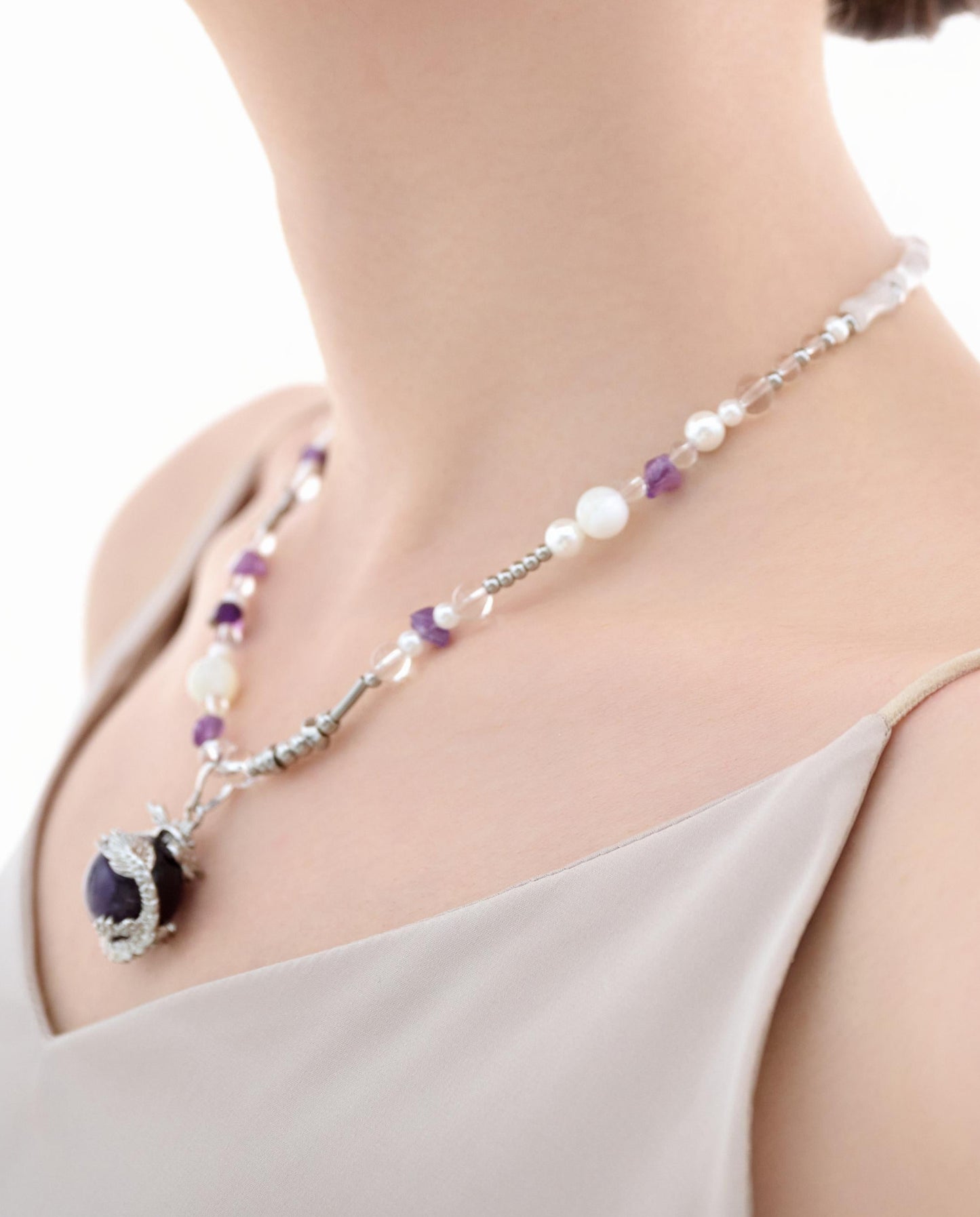 Dragon Collection - Amethyst Moon Silver Feather Necklace - ORIENTAL BOUTIQUE