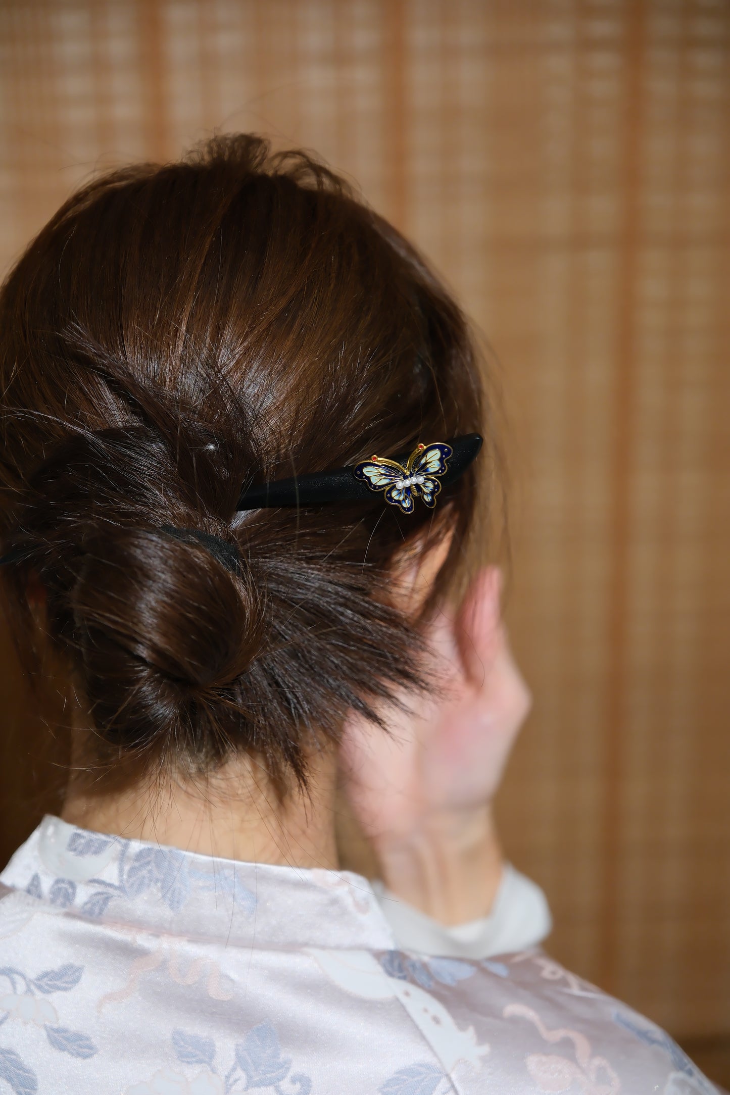 Vintage Wooden Tray & Blue Butterfly Hairpin Set