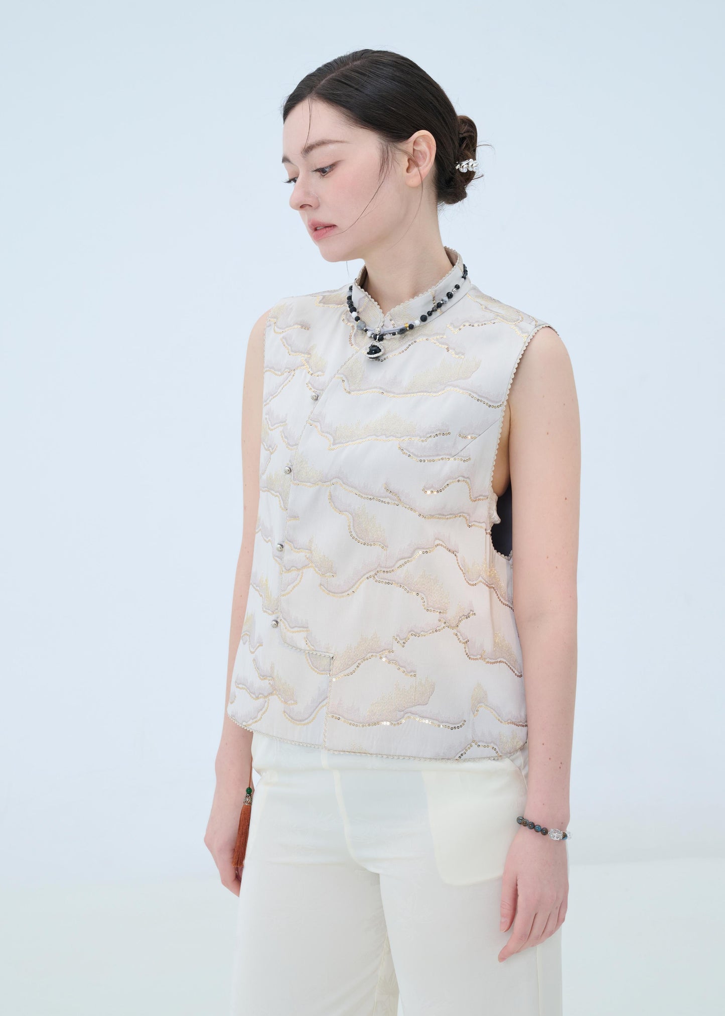 Chinese Brocade Vest - Golden Waves Traditional Style