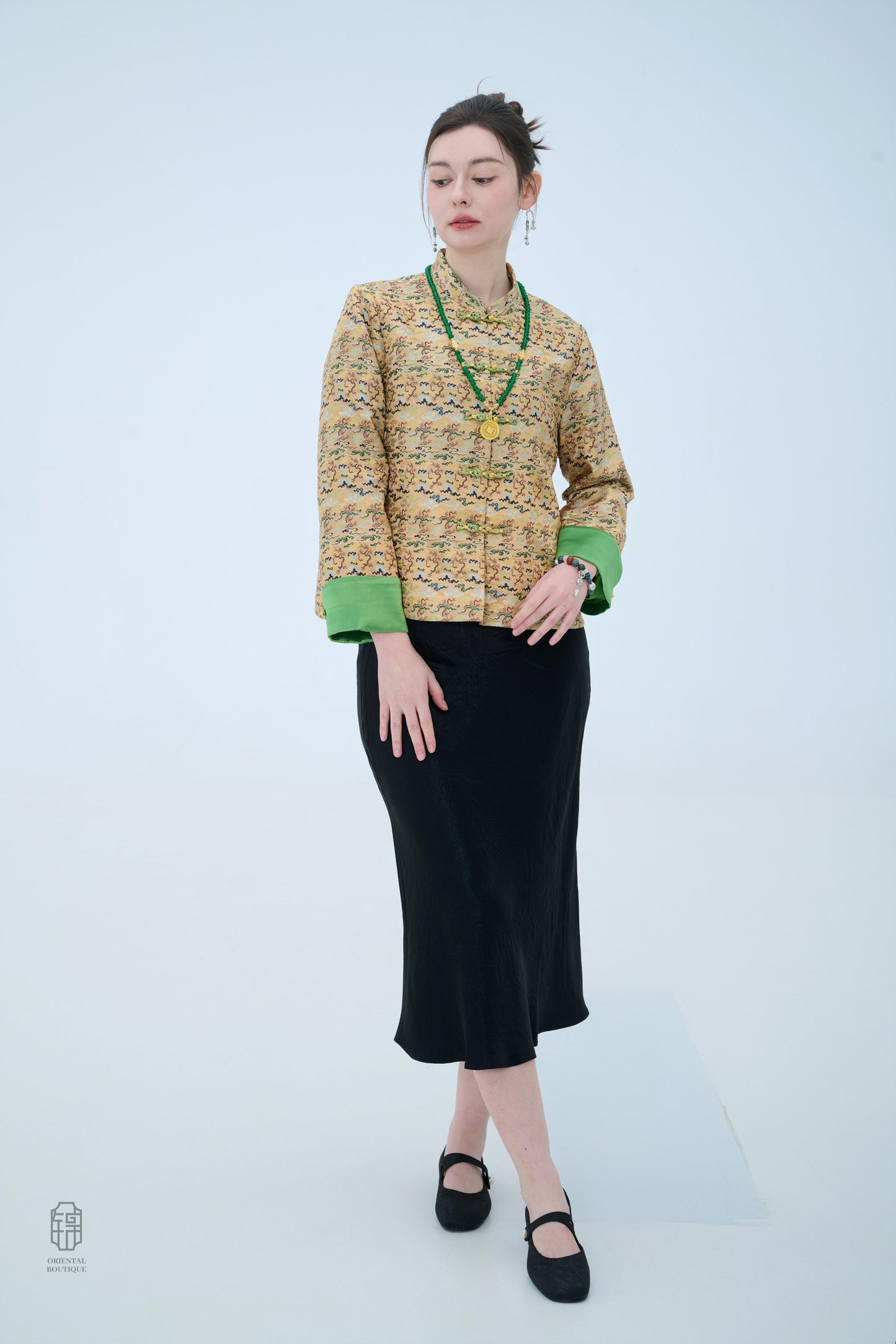 Chinese Brocade Jacket - Emerald Waves Traditional Style