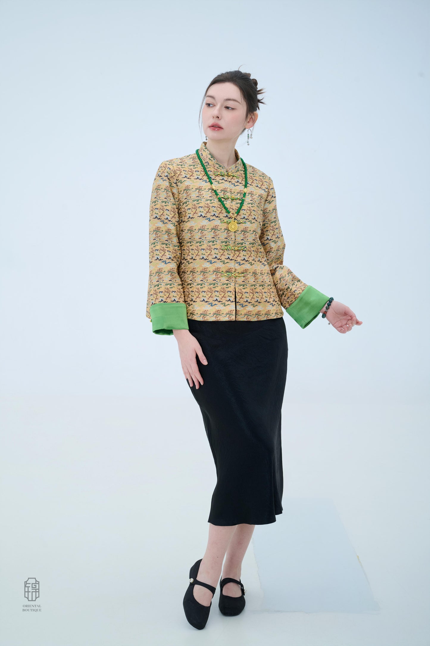 Chinese Brocade Jacket - Emerald Waves Traditional Style
