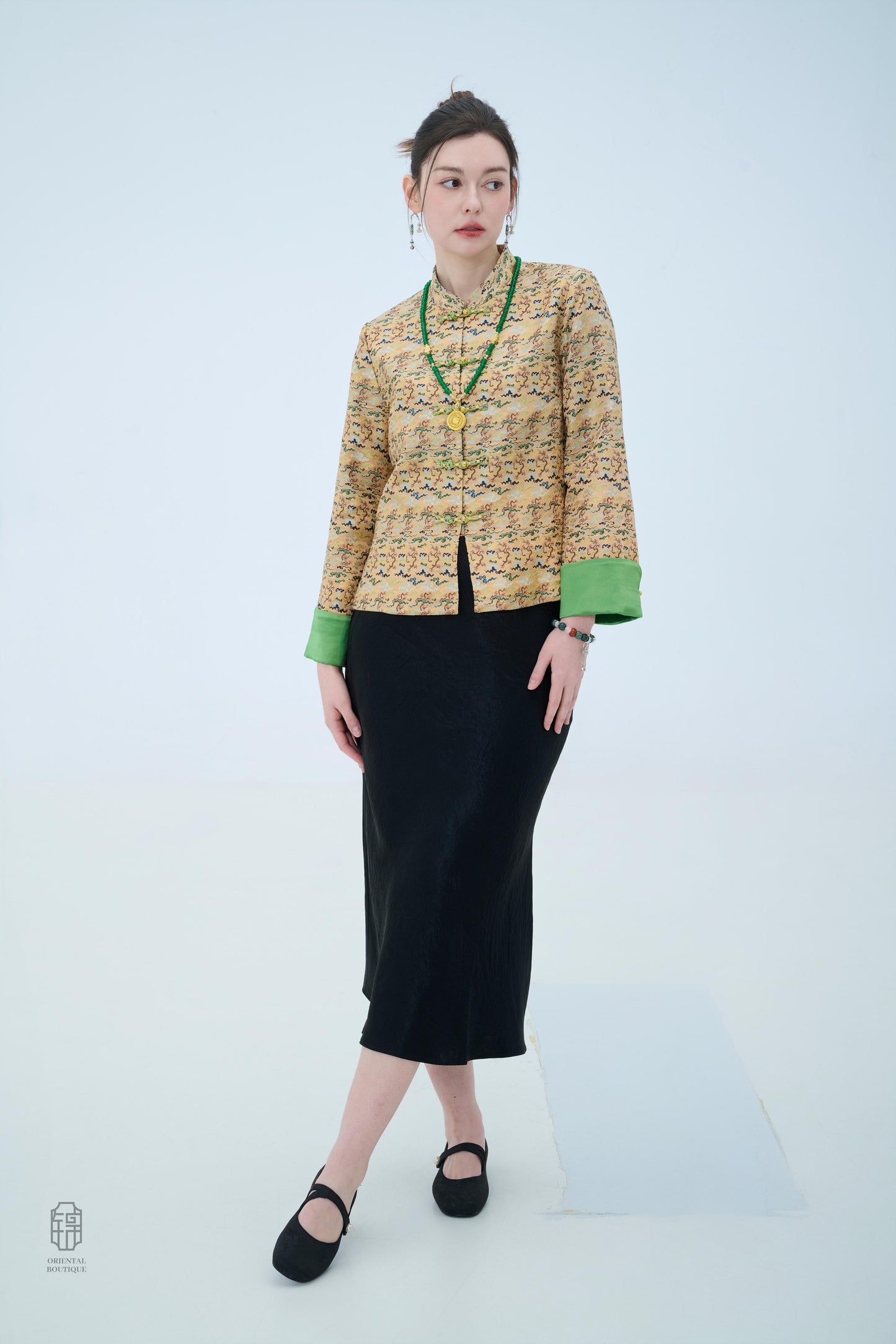 Chinese Brocade Jacket - Emerald Waves Traditional Style