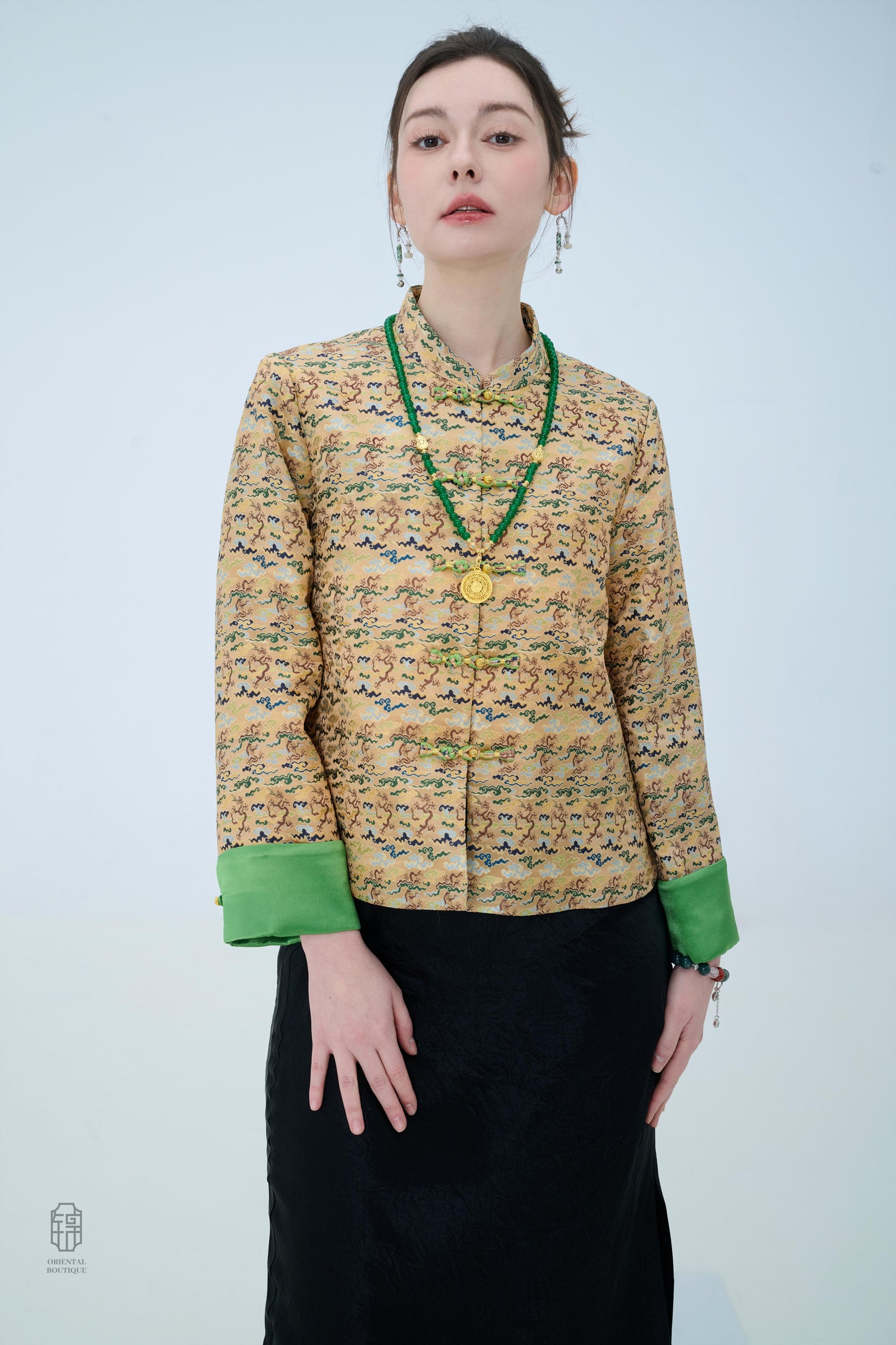 Chinese Brocade Jacket - Emerald Waves Traditional Style