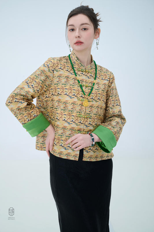 Chinese Brocade Jacket - Emerald Waves Traditional Style