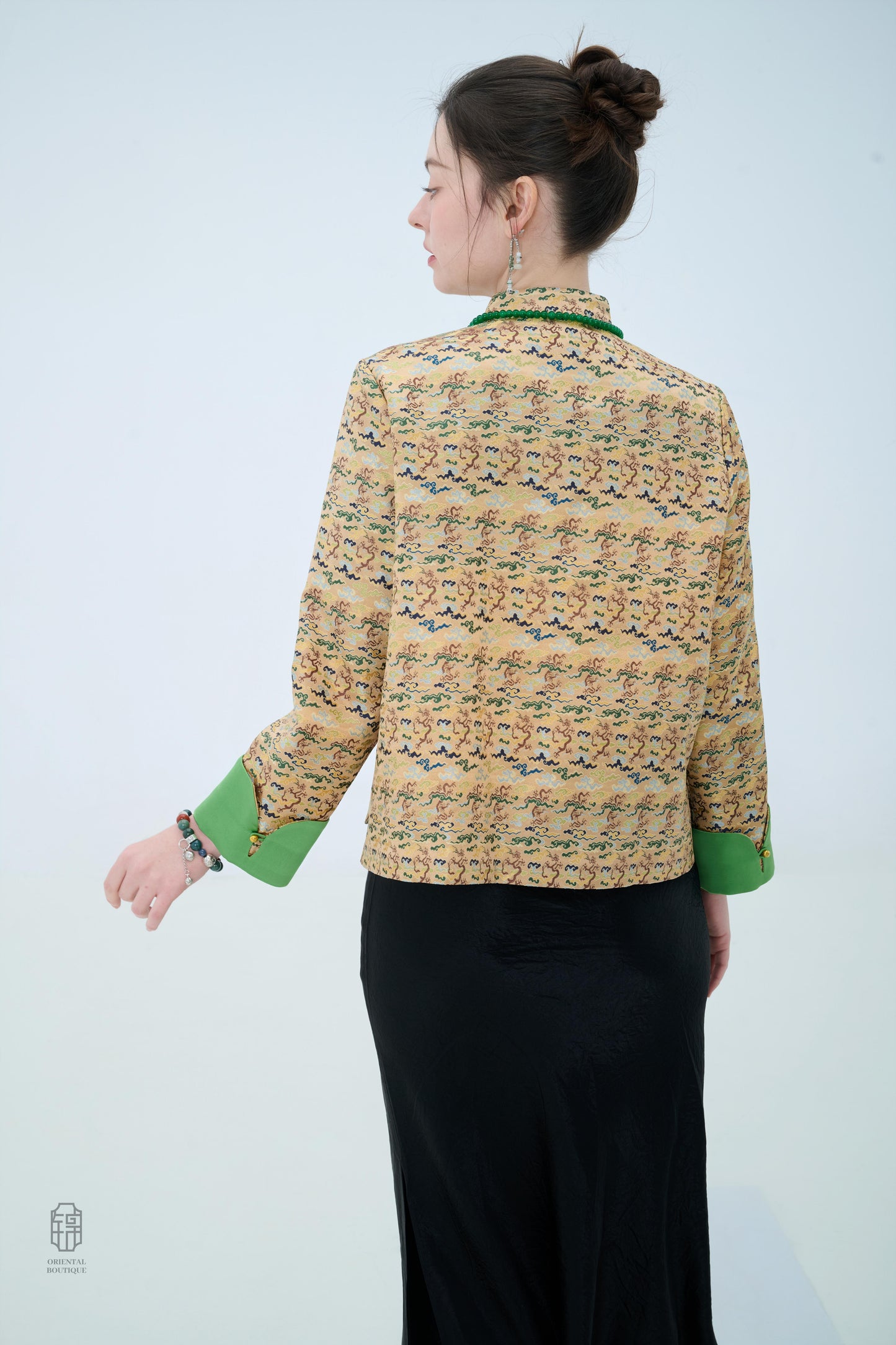 Chinese Brocade Jacket - Emerald Waves Traditional Style