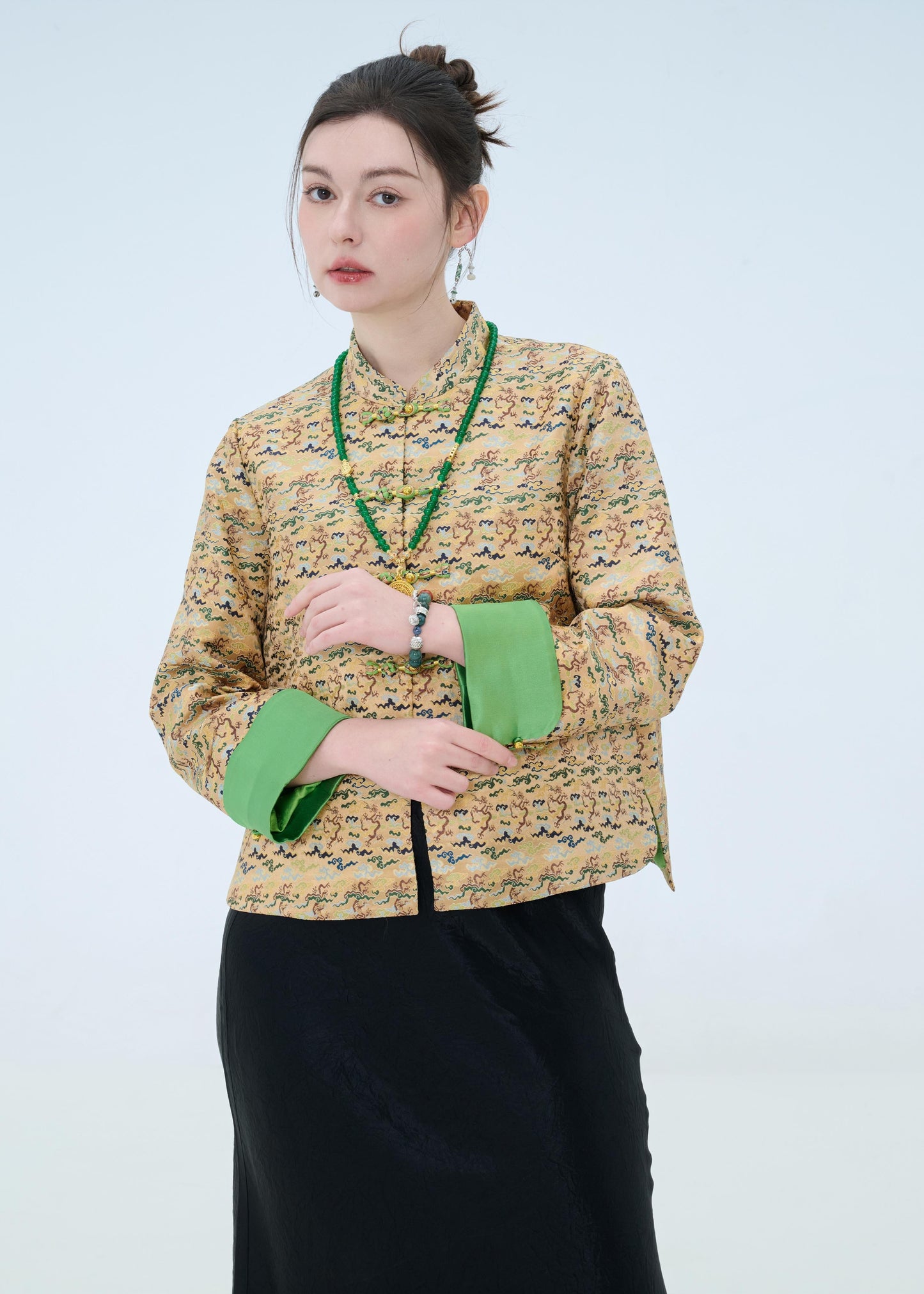 Chinese Brocade Jacket - Emerald Waves Traditional Style