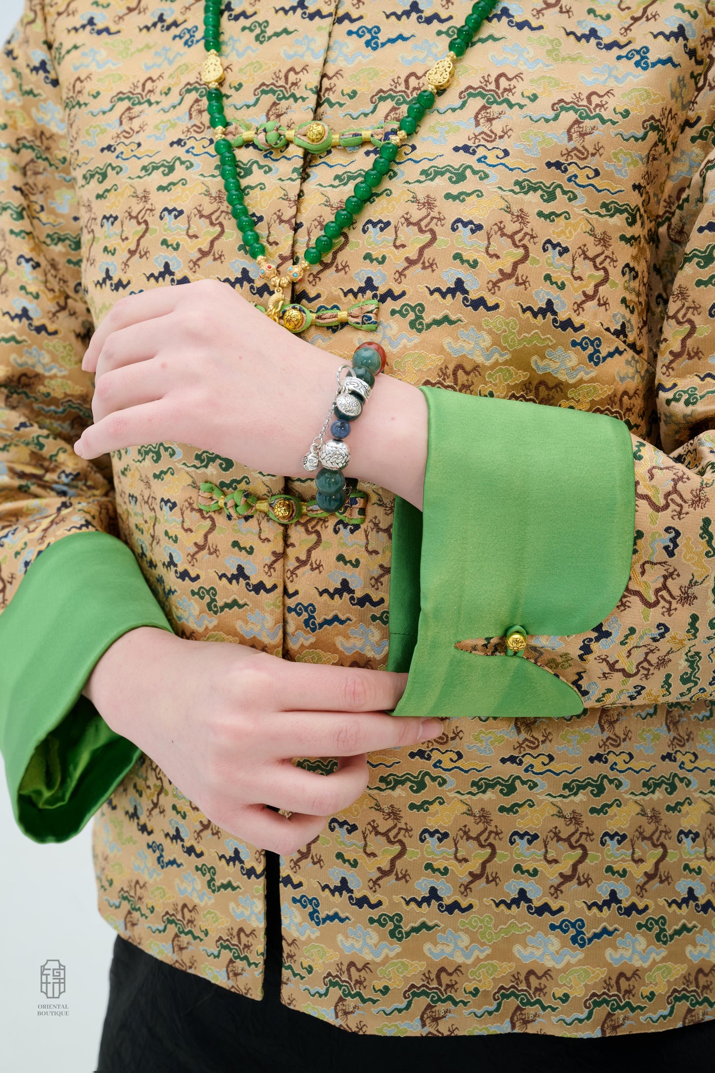 Chinese Brocade Jacket - Emerald Waves Traditional Style