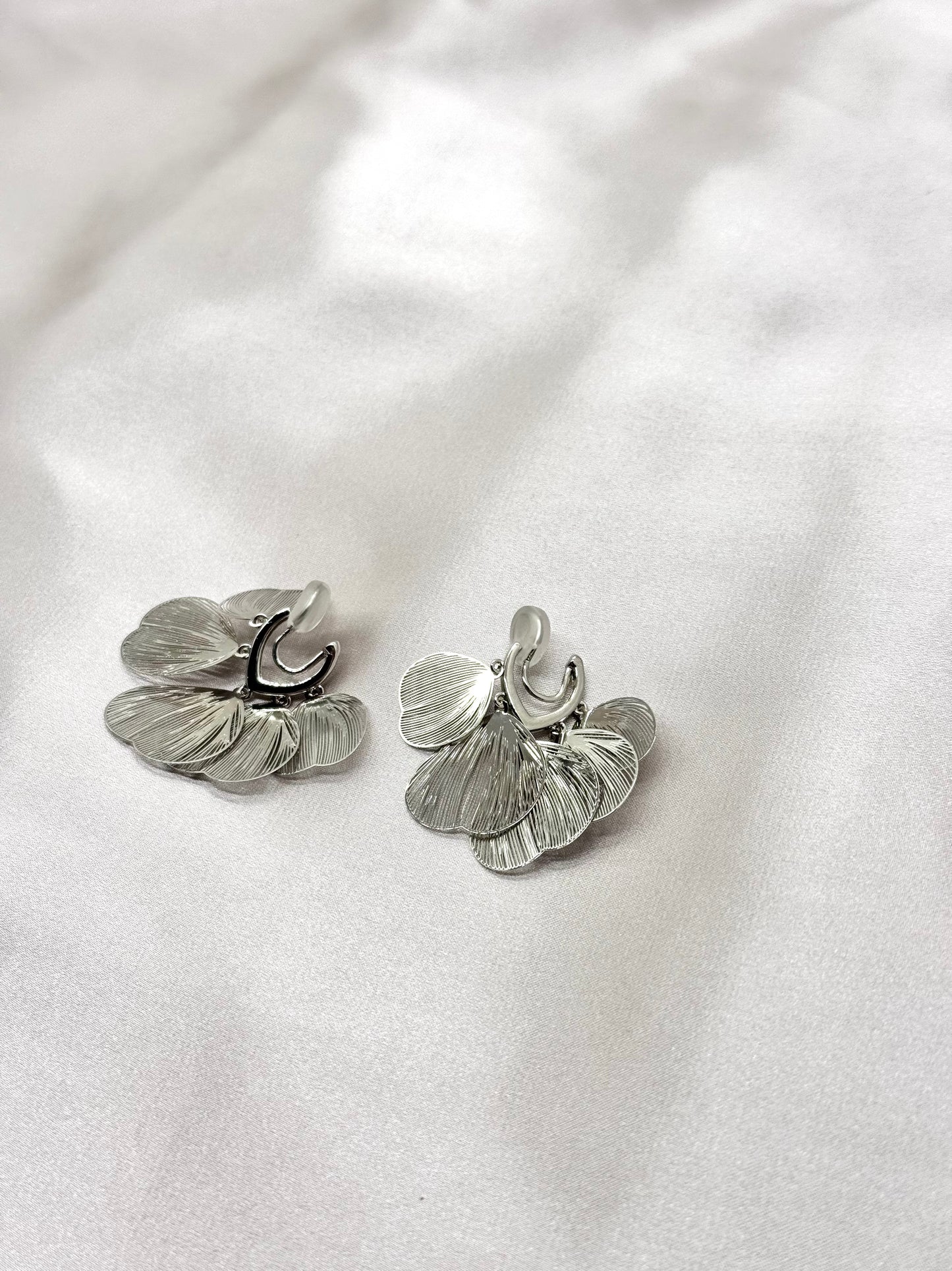 Clip Earring - Layered Silver Petal Drop Earrings