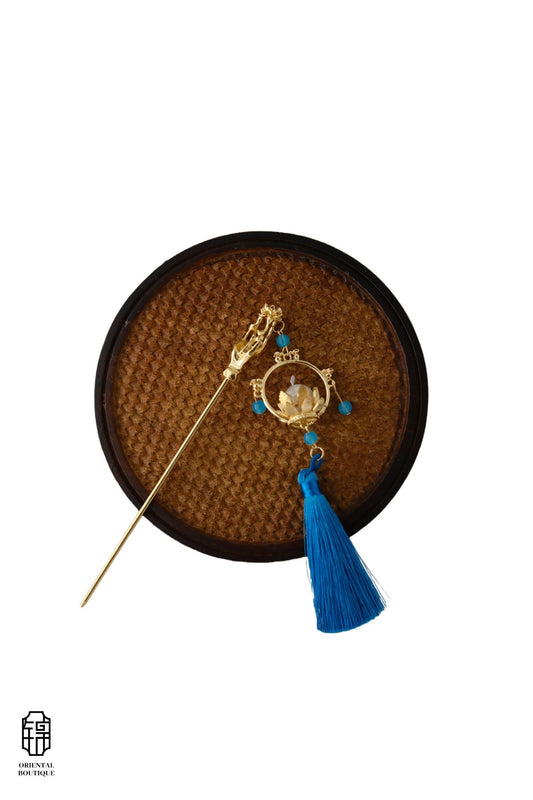 Vintage Wooden Tray & Blue Lotus Tassel Hairpin Set