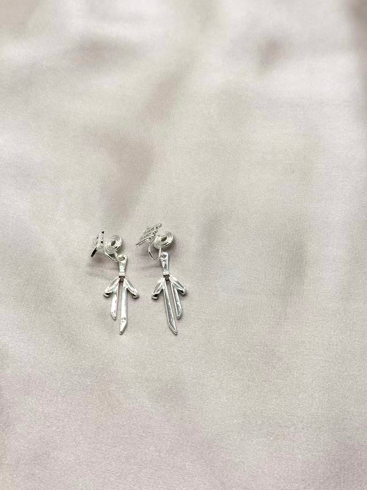 Clip Earring - Silver Bamboo Leaf Drop Earrings
