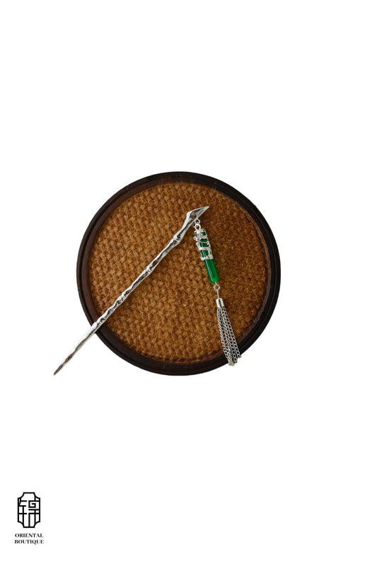 Vintage Wooden Tray & Silver Green Tassel Hairpin Set