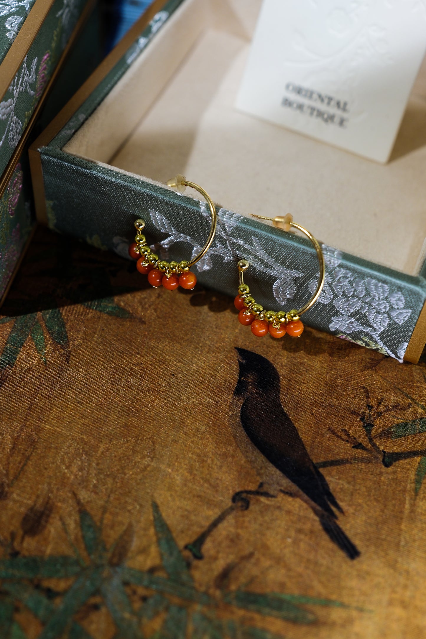 Gold Hoop Earrings with Red Beads