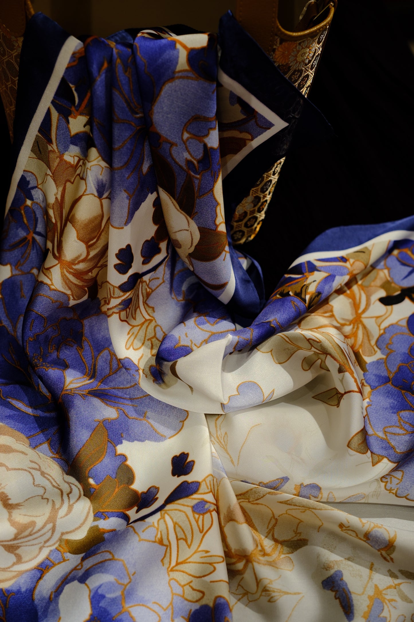 Blue Floral Silk Blend Scarf