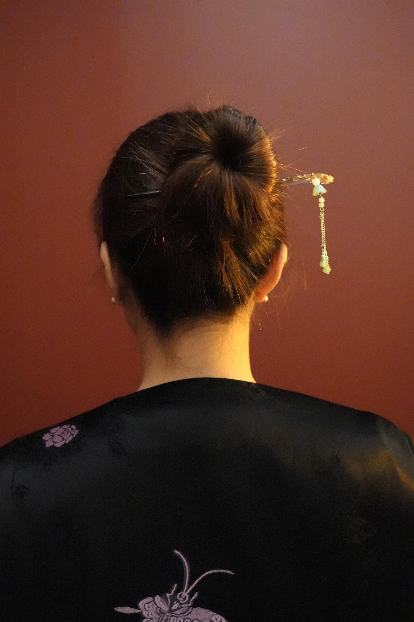 Amber and Jade Adorned Wooden Hairpin