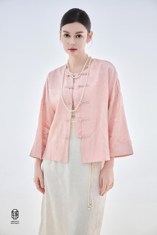 Dawn Pink Brocade Jacket,The Dawn Pink Brocade Jacket is crafted from soft pink silk fabric, offering an elegant and graceful design that exudes a gentle charm. The jacket features subtle brocade patterns on the surface, adding an understated yet refined