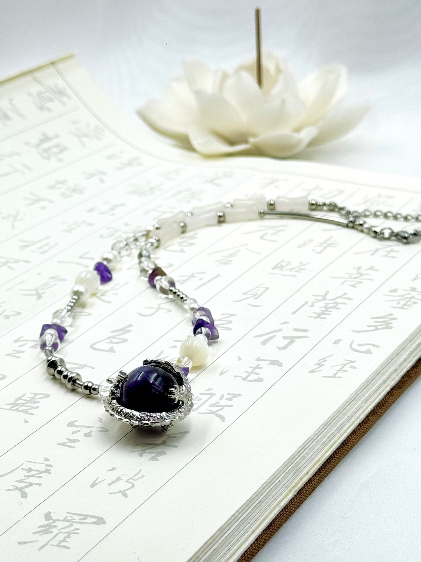 Dragon Collection - Amethyst Moon Silver Feather Necklace - ORIENTAL BOUTIQUE