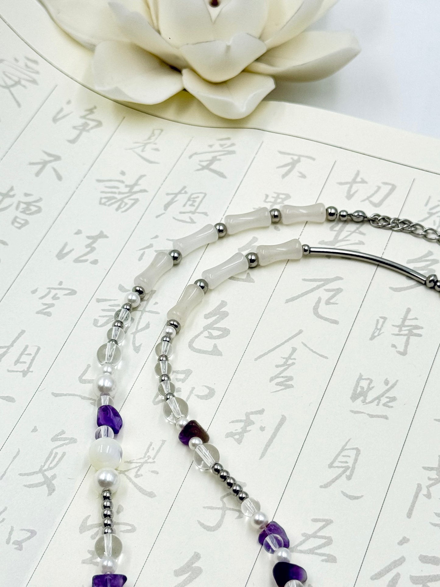 Dragon Collection - Amethyst Moon Silver Feather Necklace - ORIENTAL BOUTIQUE