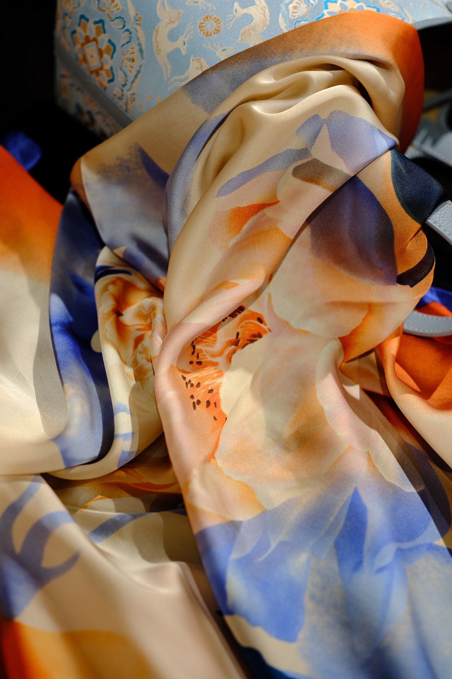 Soft Orange & Blue Floral Square Scarf