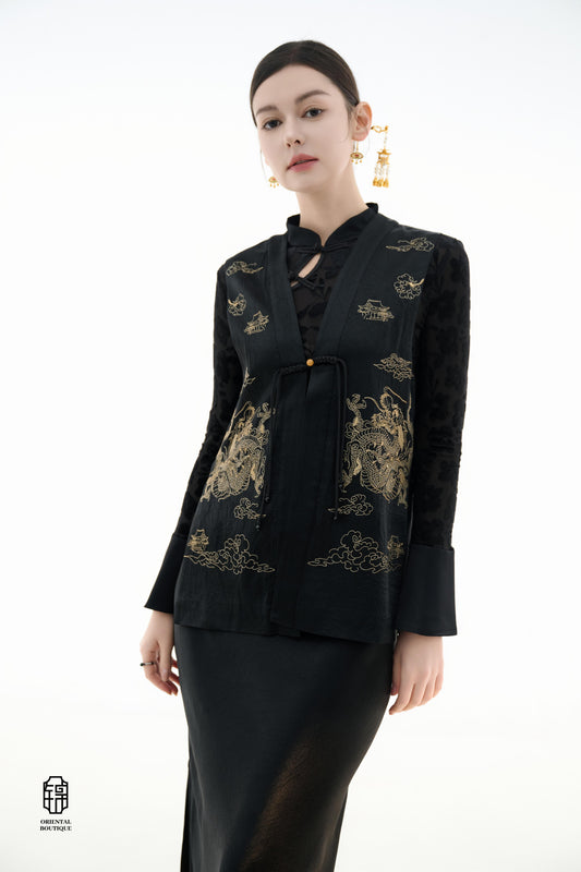 Dragon Soaring Brocade Vest,The Dragon Soaring Brocade Jacket features a deep black base with intricate golden dragon embroidery, exuding a dignified and regal aura. The front of the jacket is adorned with delicate gold thread patterns, depicting dragons,