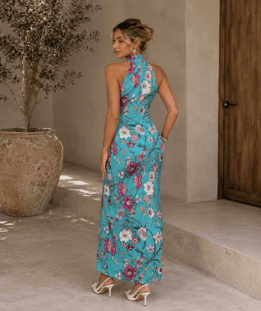 Aqua Bloom Halter Cheongsam Dress