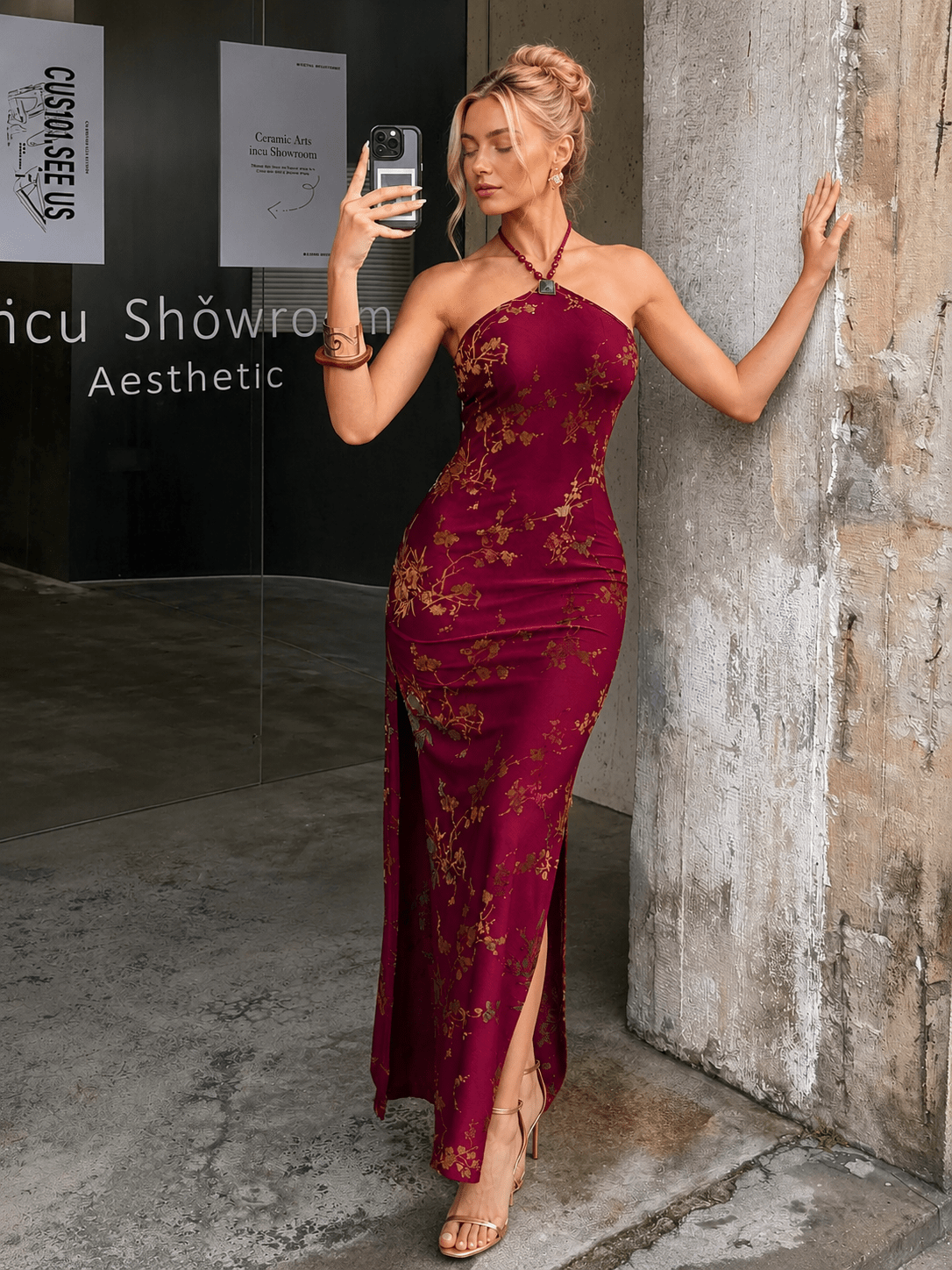 Crimson Orchid Halter Maxi Dress