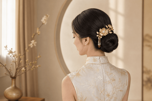 Modern bride wearing a gold Chinese floral hairpin in a low chignon
