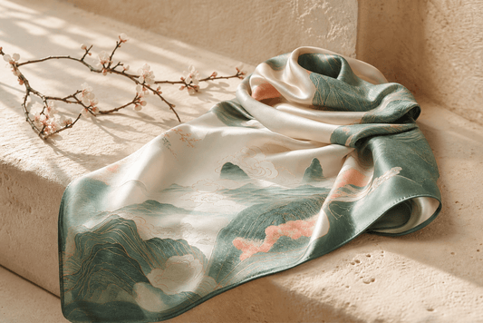 Chinese-inspired silk scarf displayed in soft Sydney morning light