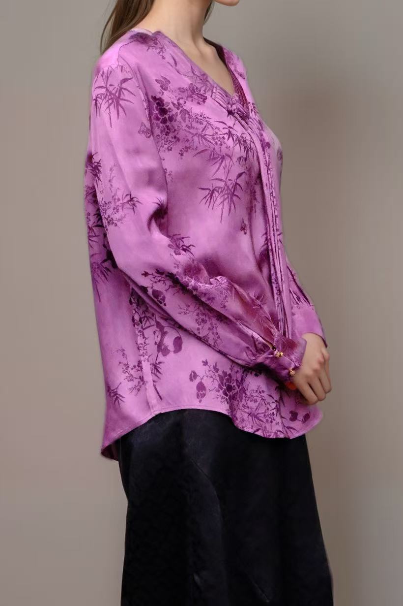 Vintage-Inspired Jacquard Rayon Blouse – Elegant Bamboo Floral Pattern | New Chinese Style