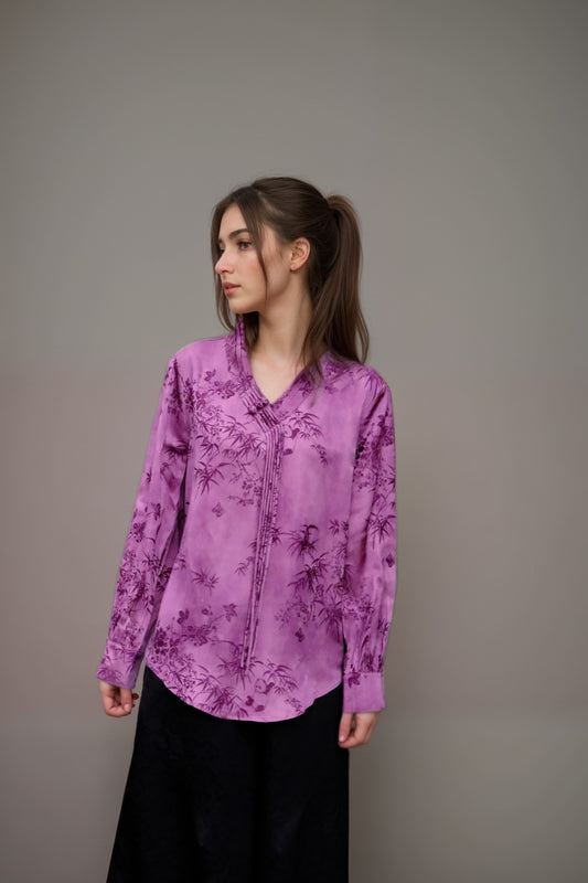 Vintage-Inspired Jacquard Rayon Blouse – Elegant Bamboo Floral Pattern | New Chinese Style