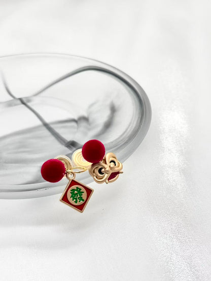 Clip earring - Red Bow Bell & Lion Dance Mismatch Earrings