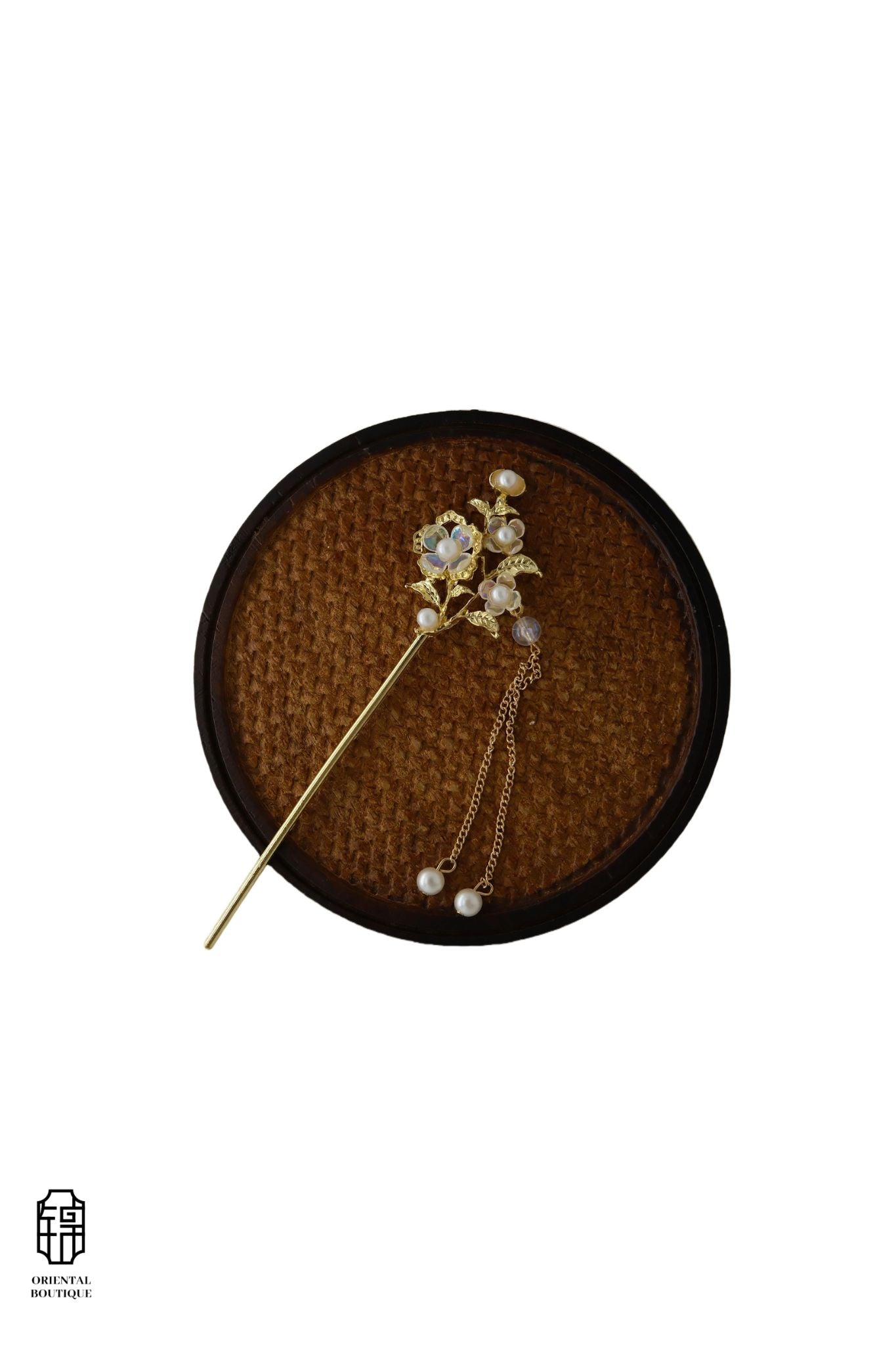 Vintage Wooden Tray & Gold Pearl Floral Tassel Hairpin Set