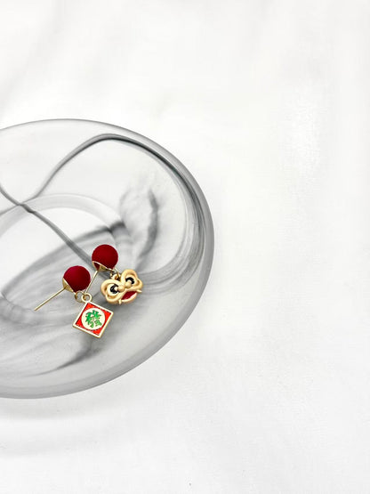 Lucky “Fa Cai” & Lion Dance Mismatch Earrings – Red Velvet Ball