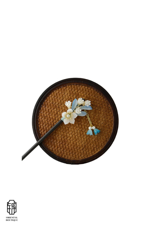 Vintage Wooden Tray & Blue White Floral Tassel Hairpin Set