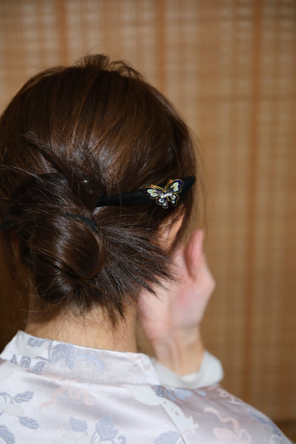 Vintage Wooden Tray & Blue Butterfly Hairpin Set