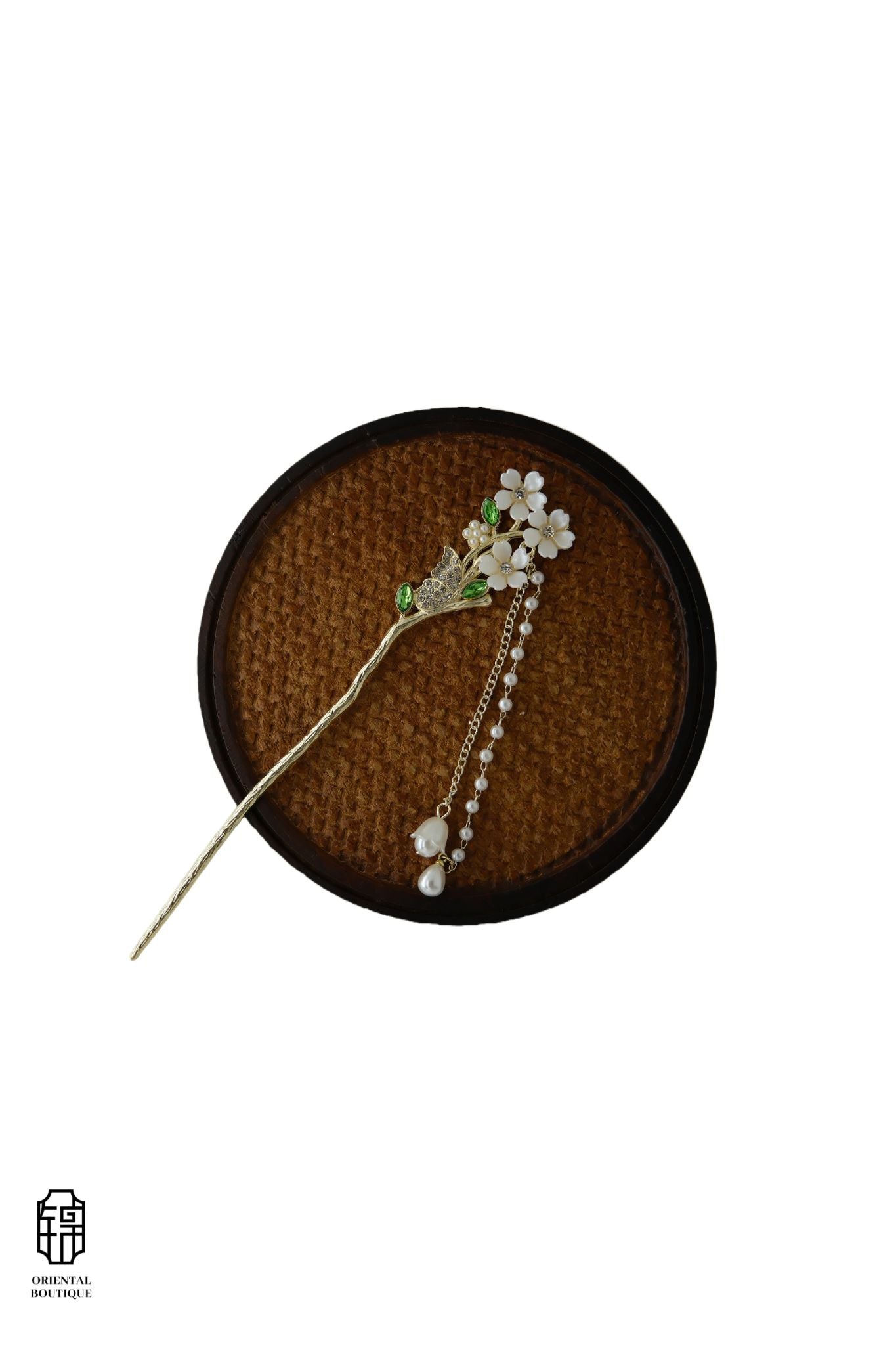 Vintage Wooden Tray & White Blossom Pearl Tassel Hairpin Set