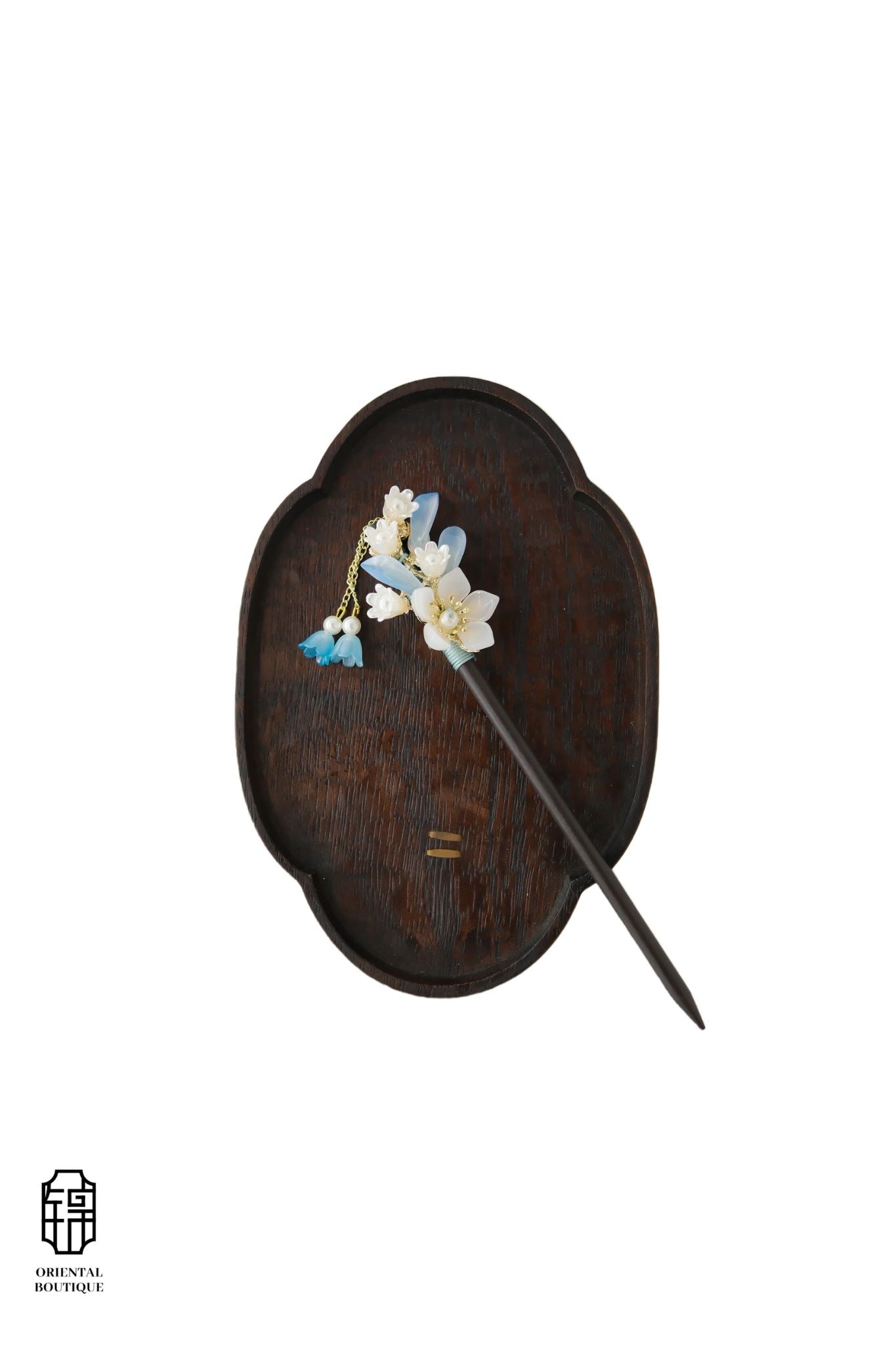 Vintage Wooden Tray & Blue White Floral Tassel Hairpin Set