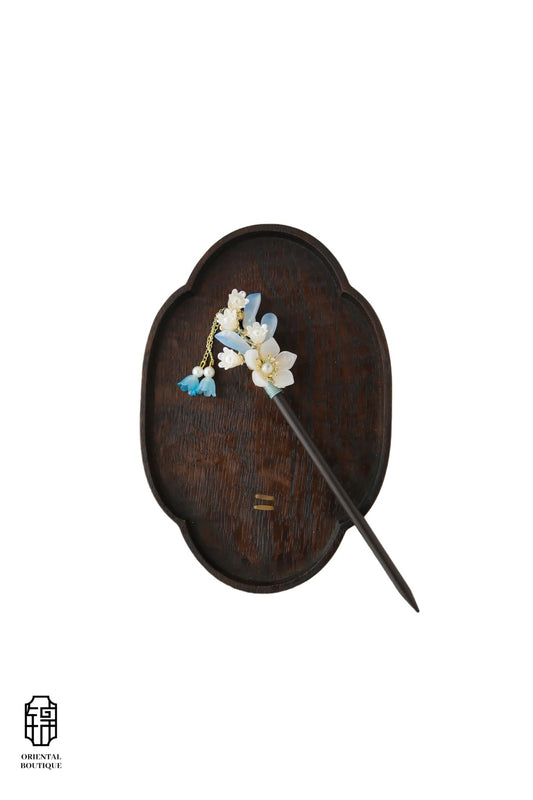 Vintage Wooden Tray & Blue White Floral Tassel Hairpin Set
