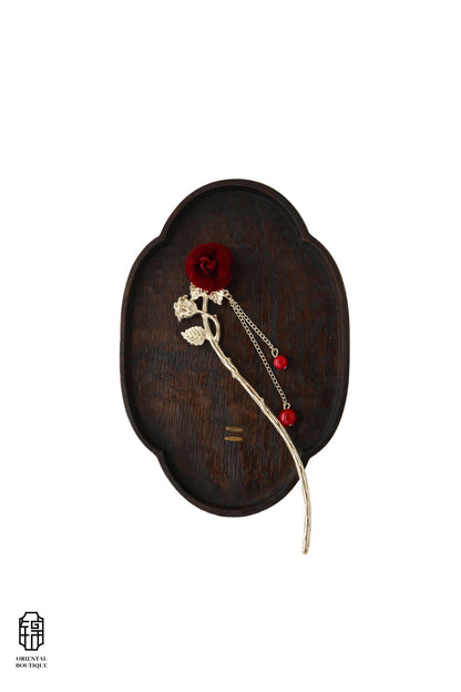 Vintage Wooden Tray & Red Rose Tassel Hairpin Set