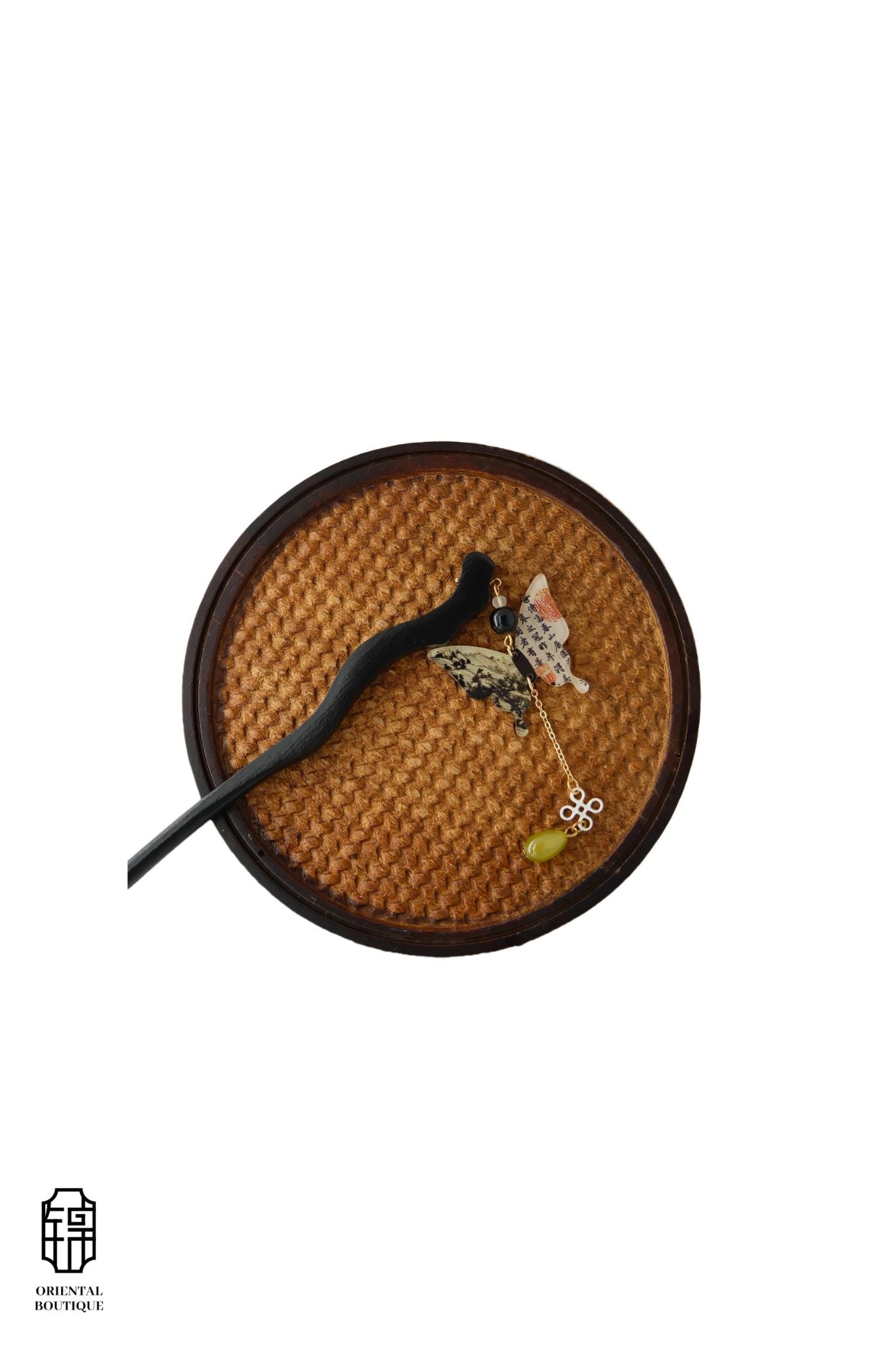 Vintage Wooden Tray & Butterfly Jade Tassel Hairpin Set