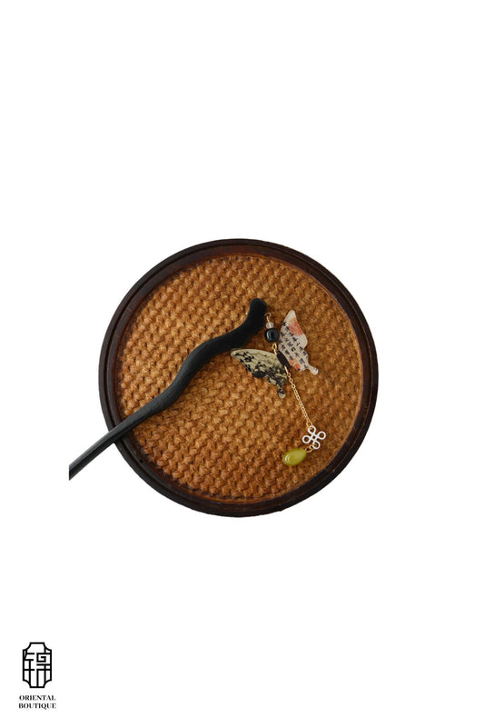 Vintage Wooden Tray & Butterfly Jade Tassel Hairpin Set