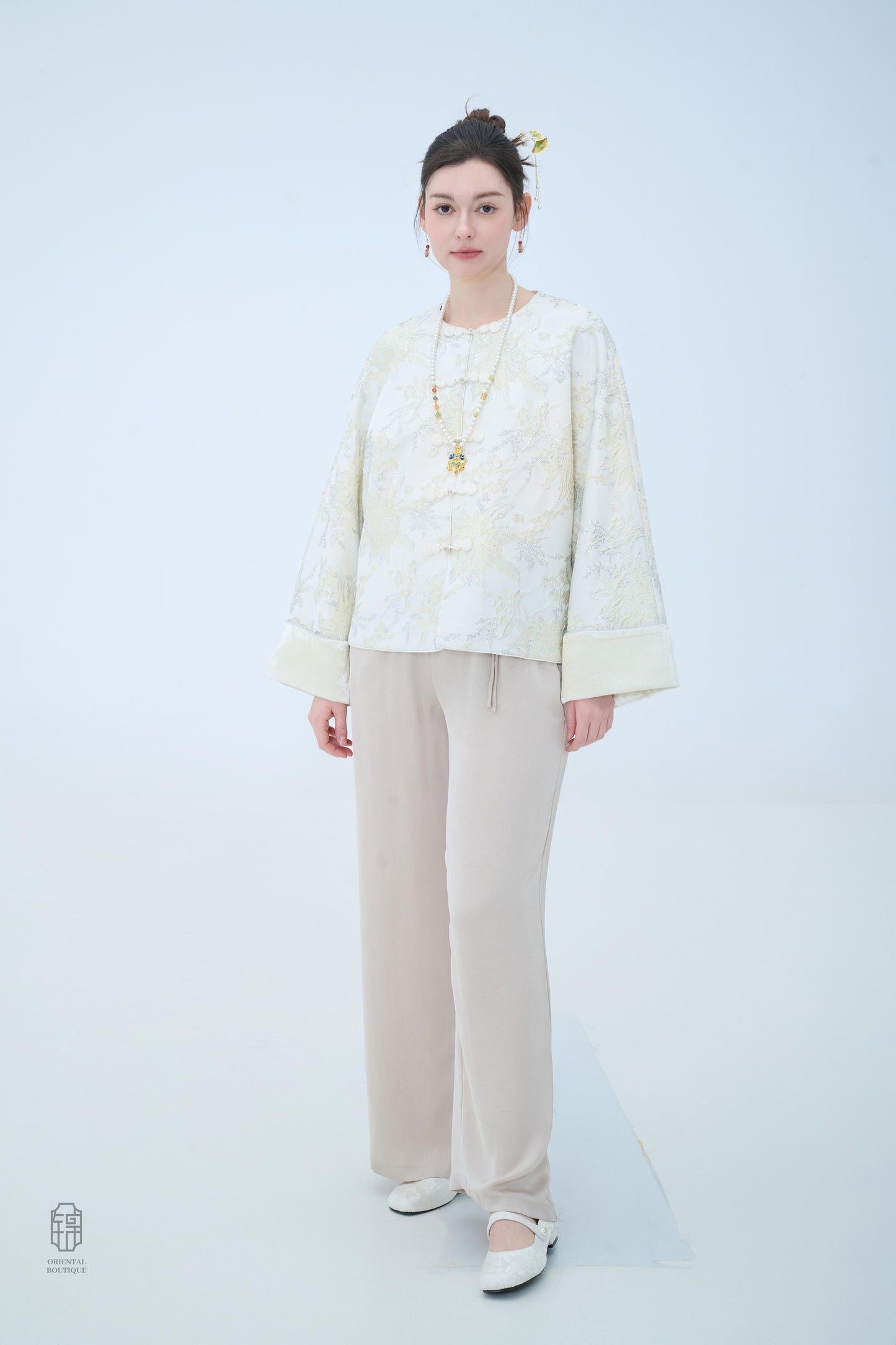 Chinese Brocade Jacket - Ivory Bloom Traditional Style