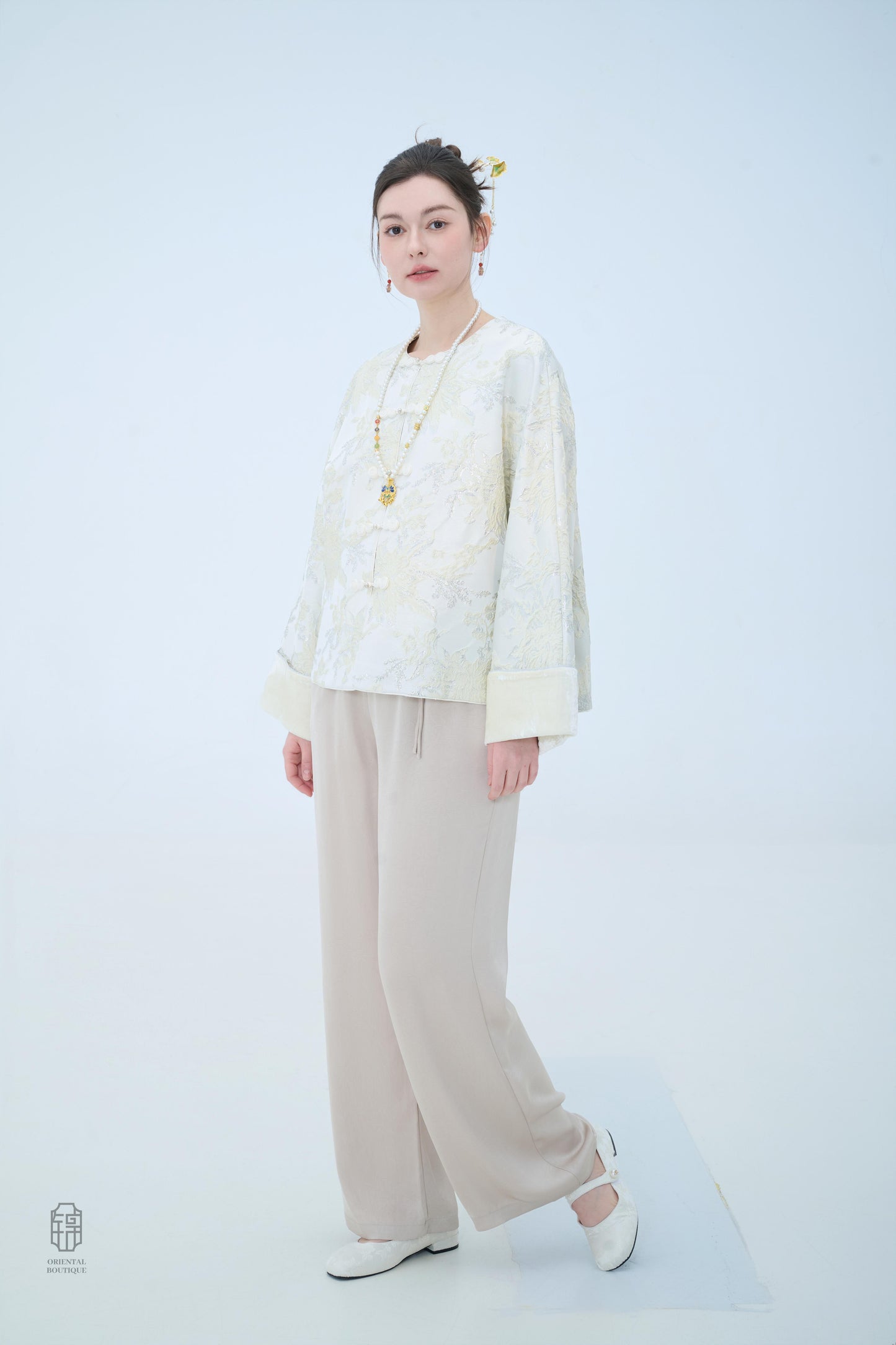 Chinese Brocade Jacket - Ivory Bloom Traditional Style