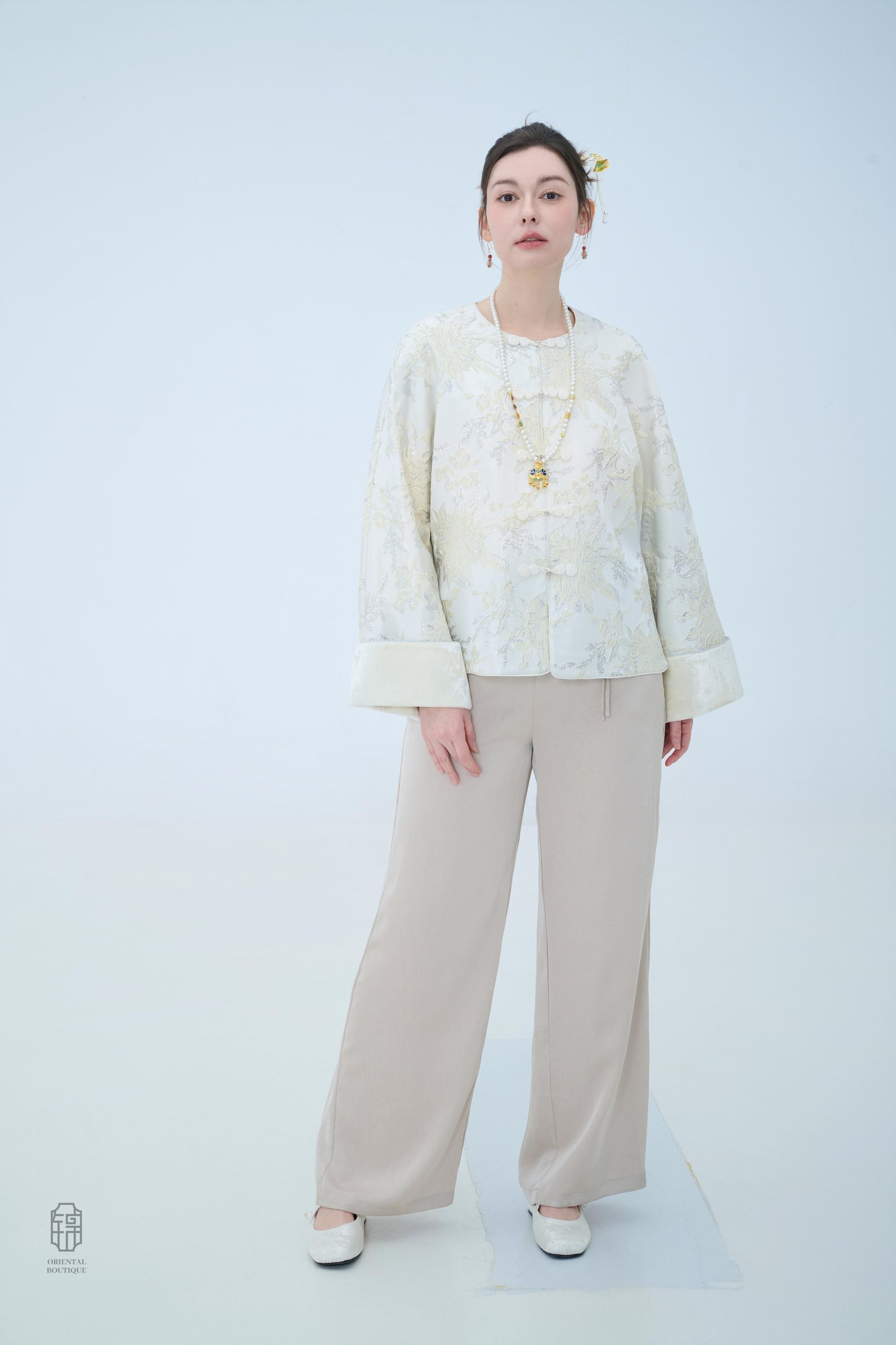 Chinese Brocade Jacket - Ivory Bloom Traditional Style