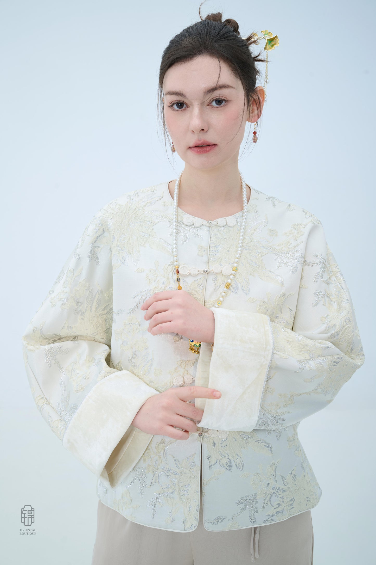 Chinese Brocade Jacket - Ivory Bloom Traditional Style
