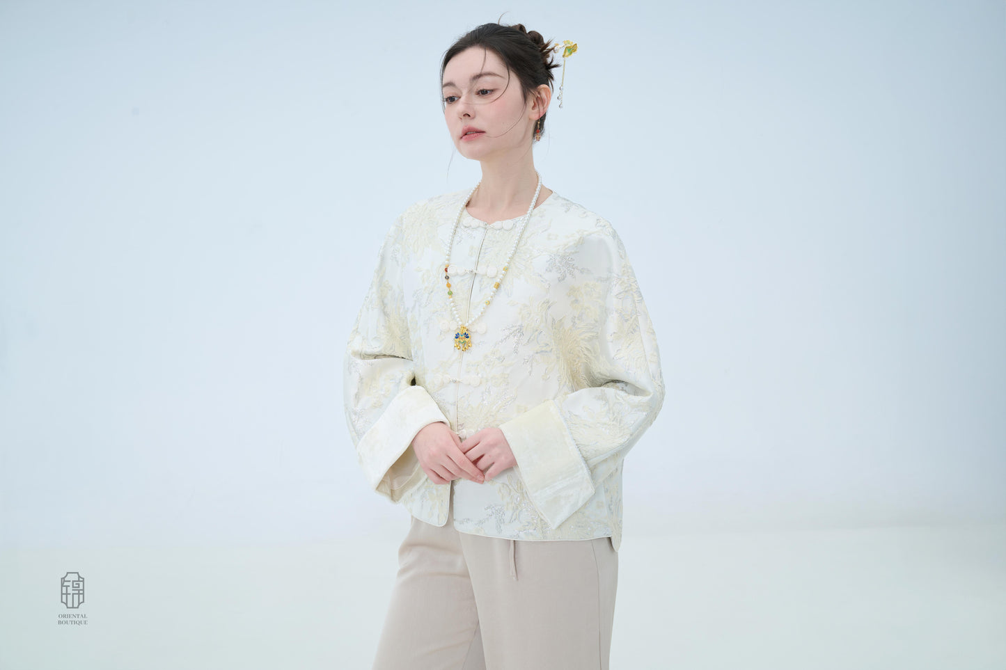 Chinese Brocade Jacket - Ivory Bloom Traditional Style