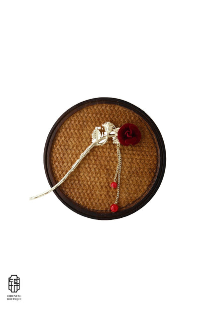 Vintage Wooden Tray & Red Rose Tassel Hairpin Set
