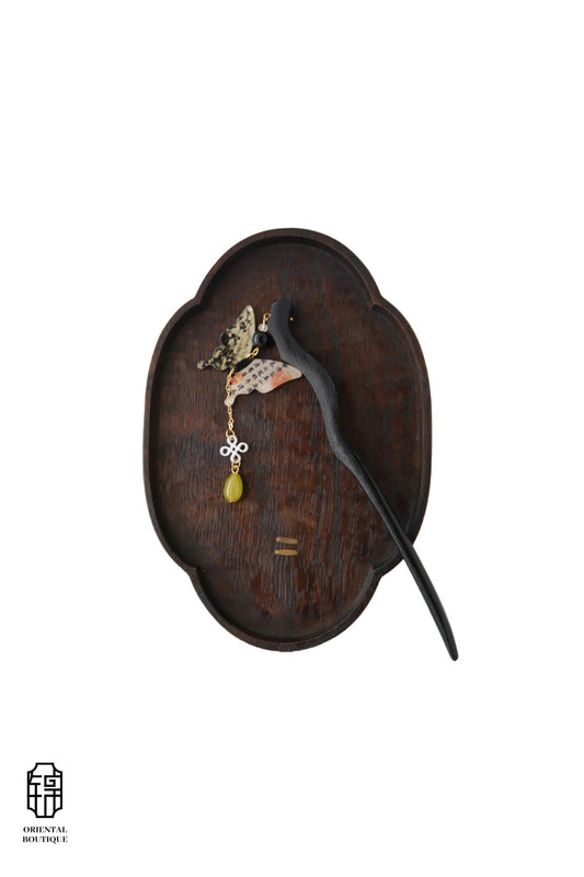 Vintage Wooden Tray & Butterfly Jade Tassel Hairpin Set