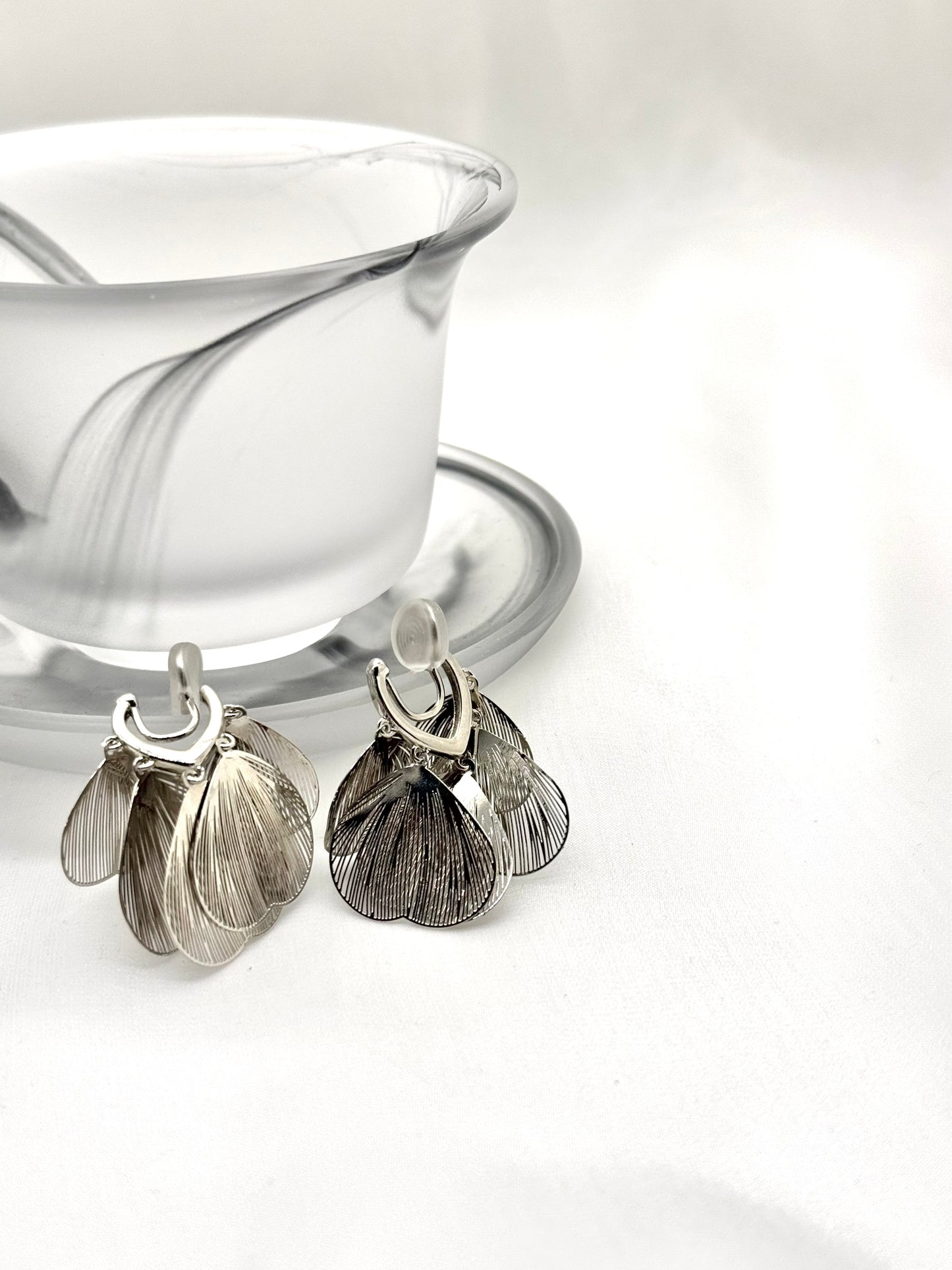 Clip Earring - Layered Silver Petal Drop Earrings